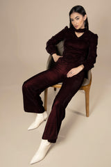 Maroon Choker Neck Velvet Co-Ord Set For Women