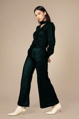 Dark Green Choker Neck Velvet Co-Ord Set For Women