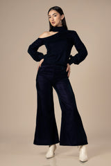 Navy Blue Off Shoulder Velvet Co-Ord Set For Women