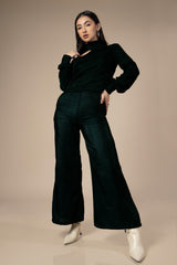Dark Green Off Shoulder Velvet Co-Ord Set For Women