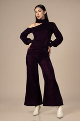 Wine Off Shoulder Velvet Co-Ord Set For Women