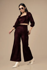 Maroon Square Neck Velvet Co-Ord Set For Women