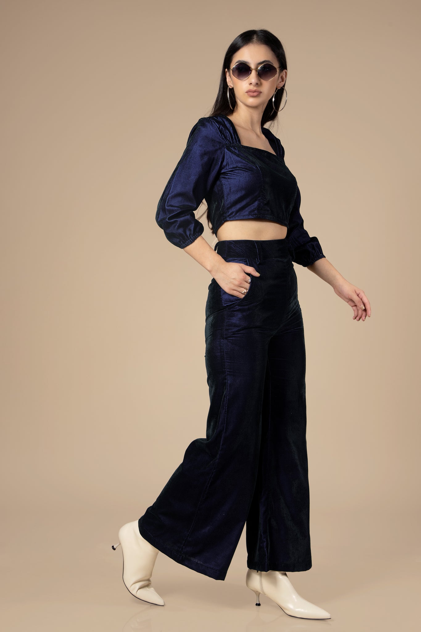 Navy Blue Square Neck Velvet Co-Ord Set For Women