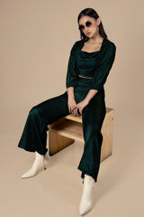 Dark Green Square Neck Velvet Co-Ord Set For Women