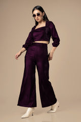 Wine Square Neck Velvet Co-Ord Set For Women
