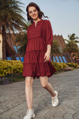 Maroon Ruffle Detailed Tiered Midi Dress