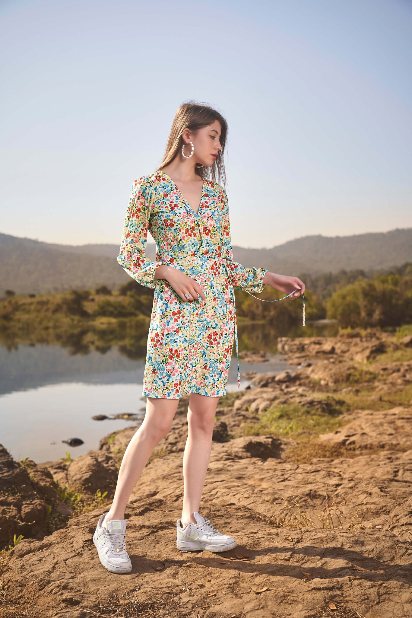 Floral Full Sleeve Side Knot Wrap Dress