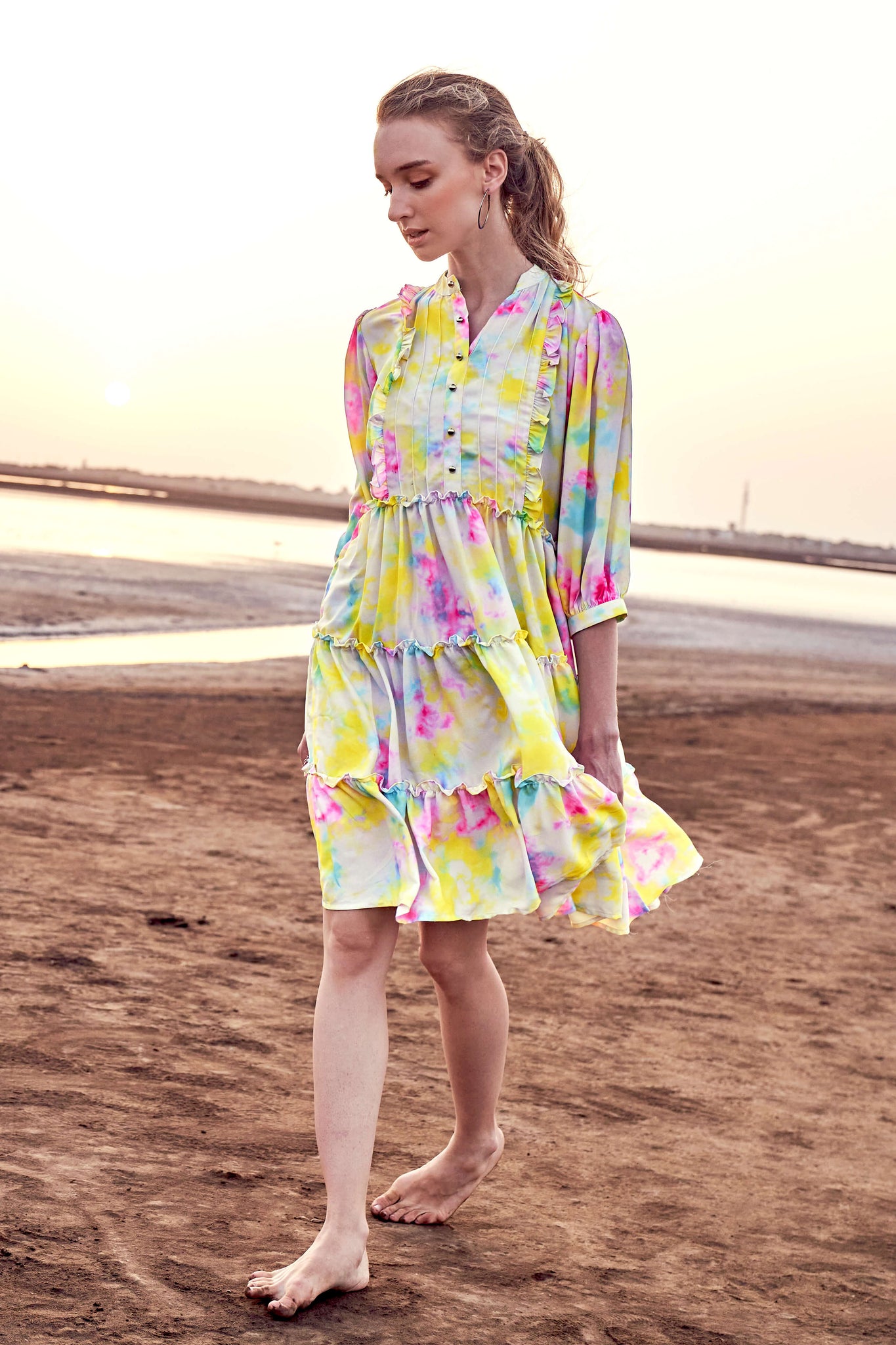 Tie And Dye Ruffle Detailed Tiered Midi Dress