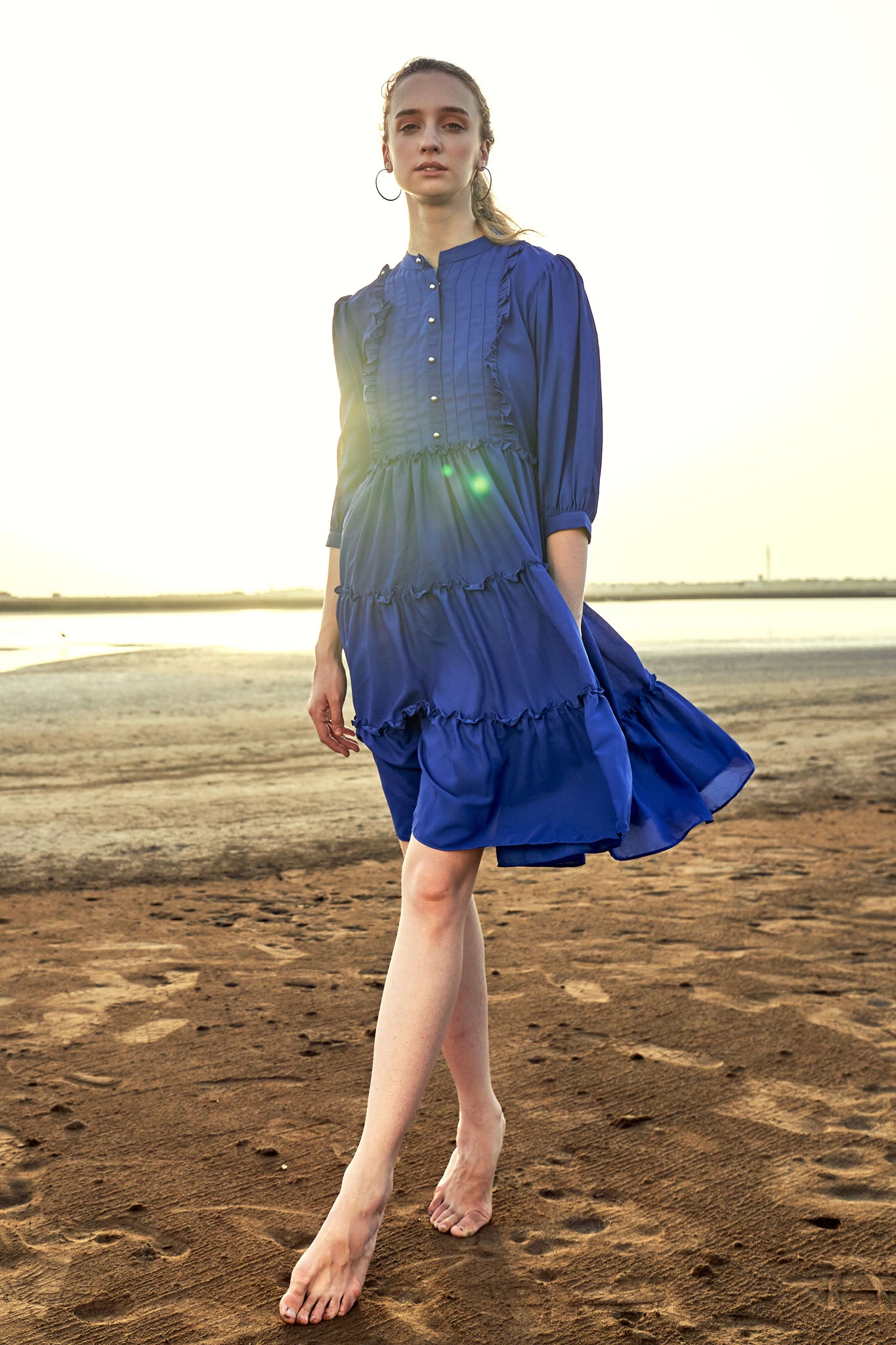 Blue Ruffle Detailed Tiered Midi Dress