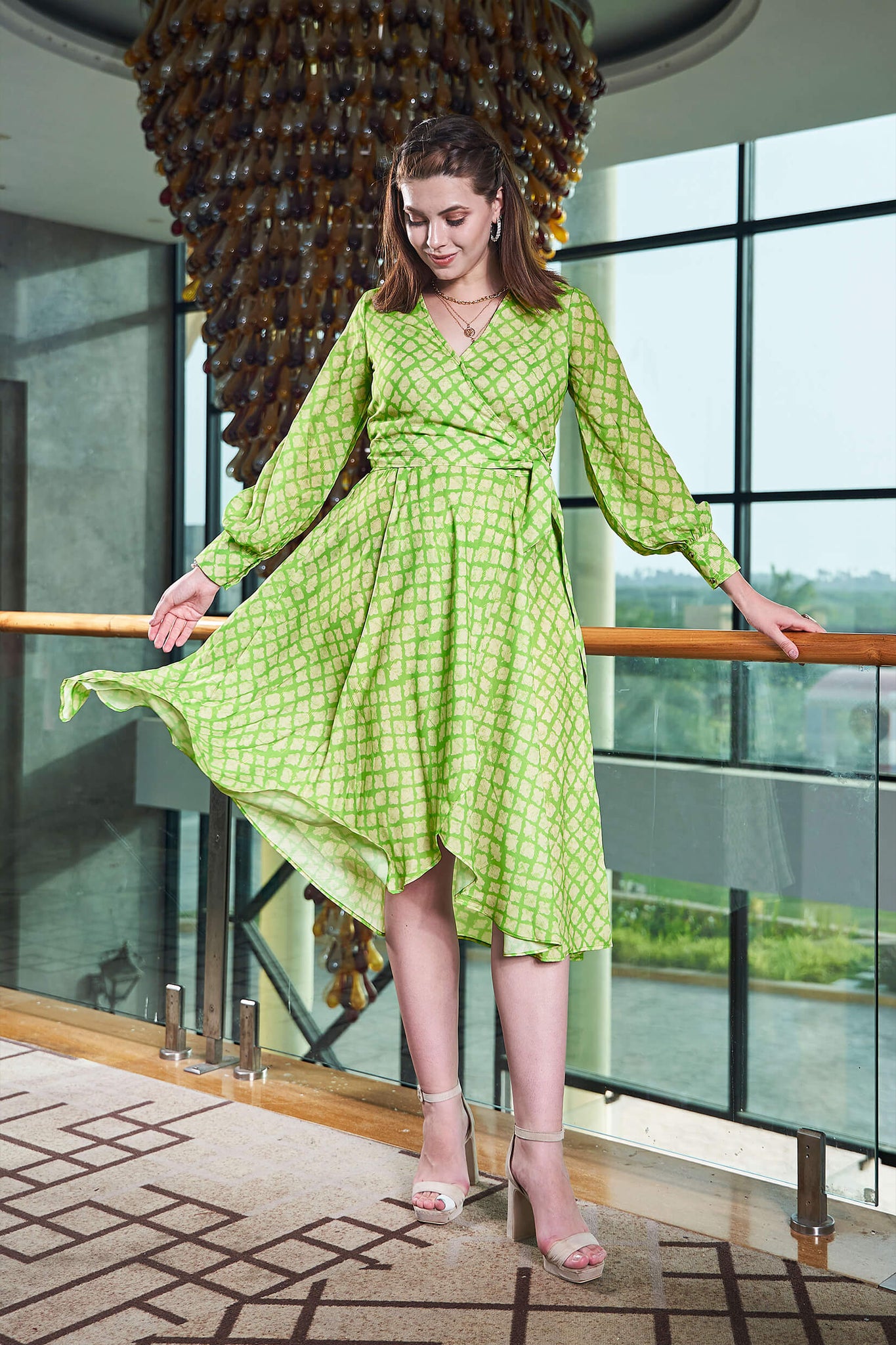 Traditional V Neck Full Sleeve Wrap Midi Dress - Main Image