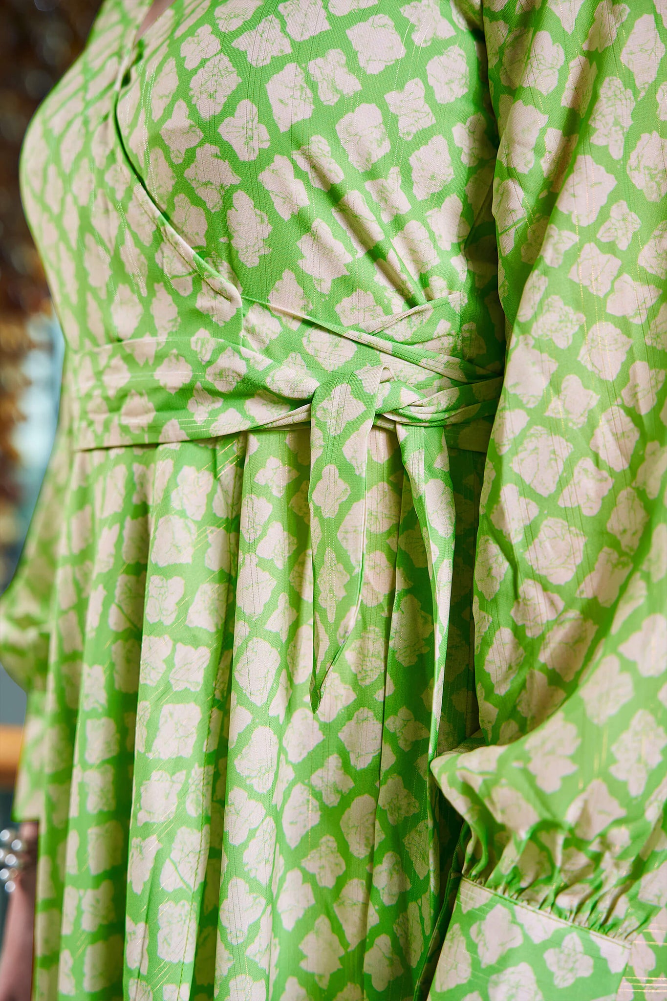 Traditional V Neck Full Sleeve Wrap Midi Dress