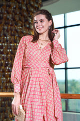 Traditional V Neck Full Sleeve Wrap Midi Dress