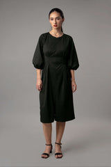 Solid Black Boat Neck Midi Dress