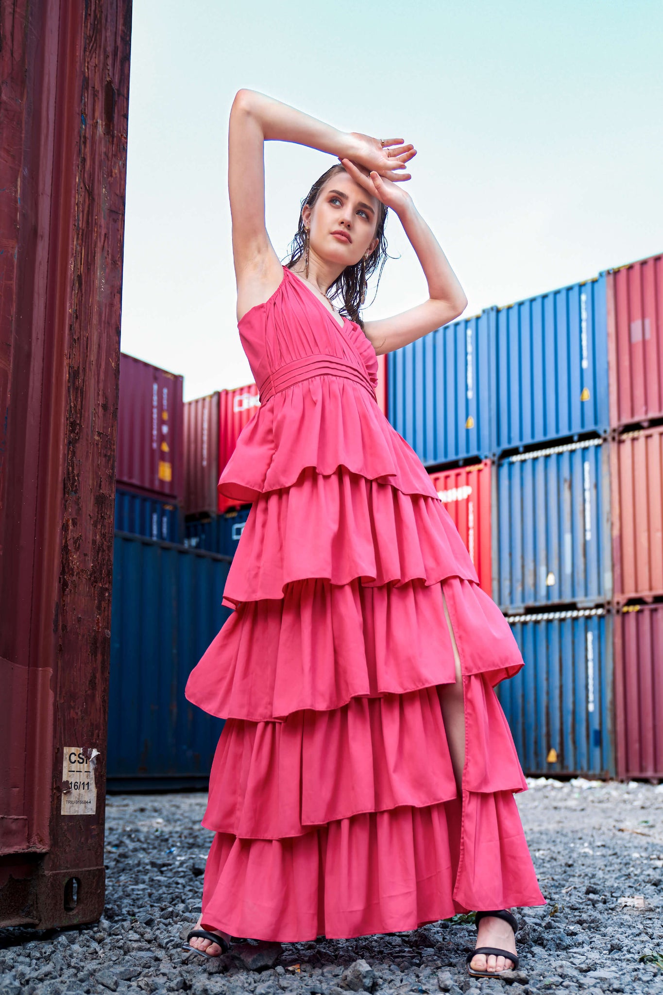 Fiery Rose Pink Layer Ruffle Dress neofaa.com Fiery Rose Pink Layer Ruffle Dress neofaa.com