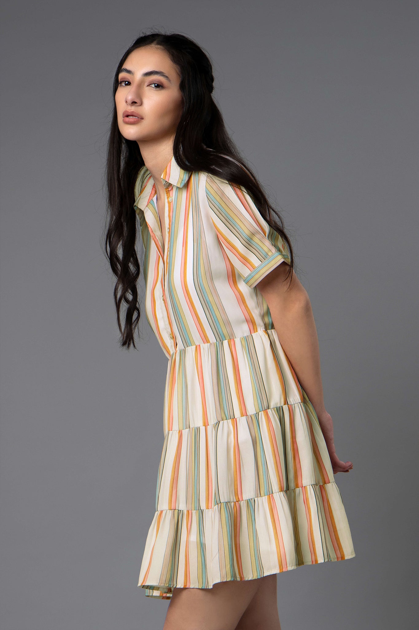 Stripes Ruffle Midi Dress