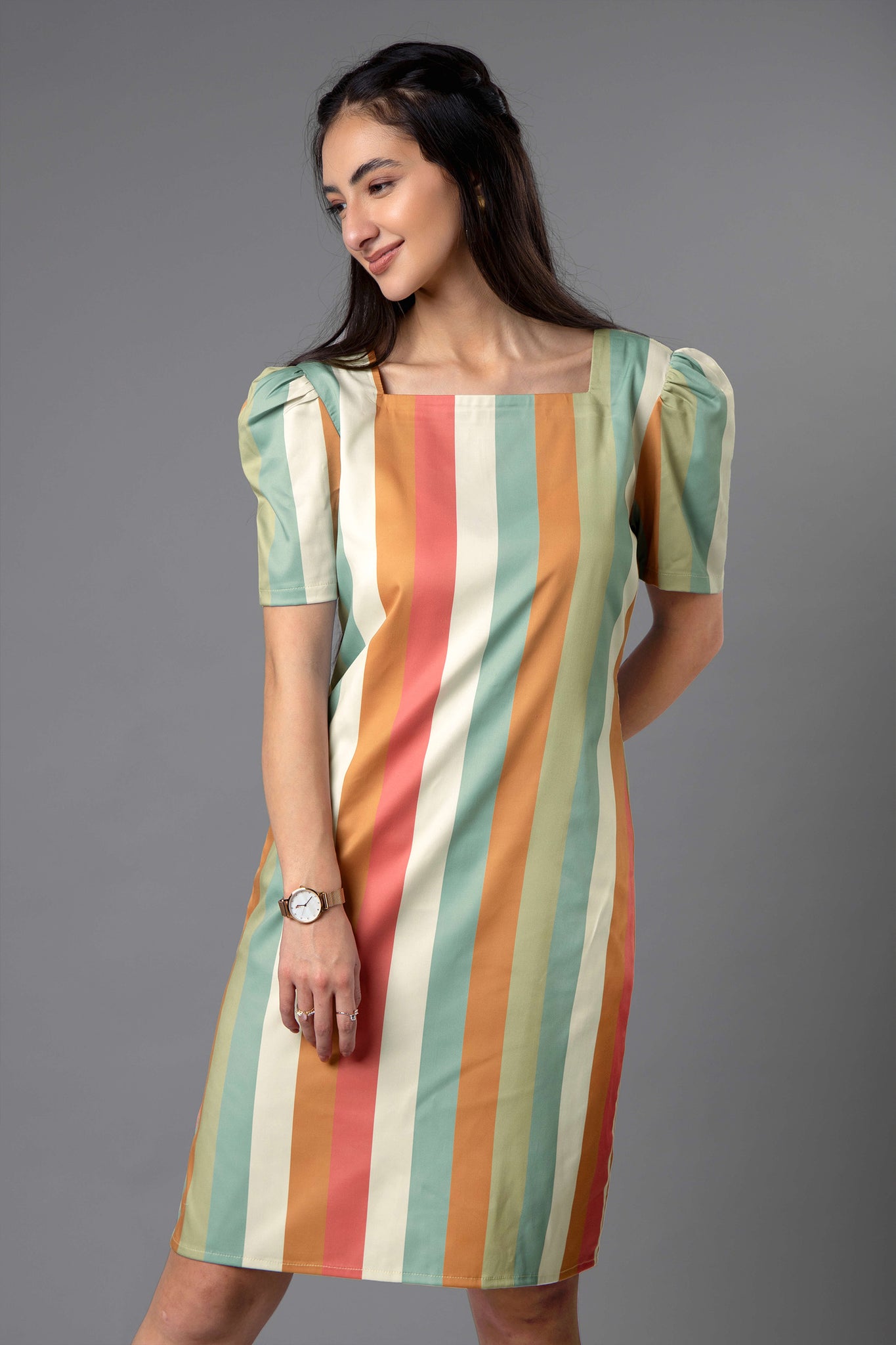 Stripes Square Neck Midi Dress