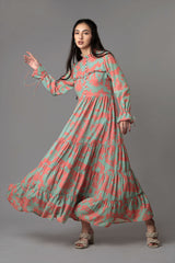 Abstract Gather Flounce Sleeve Maxi Dress