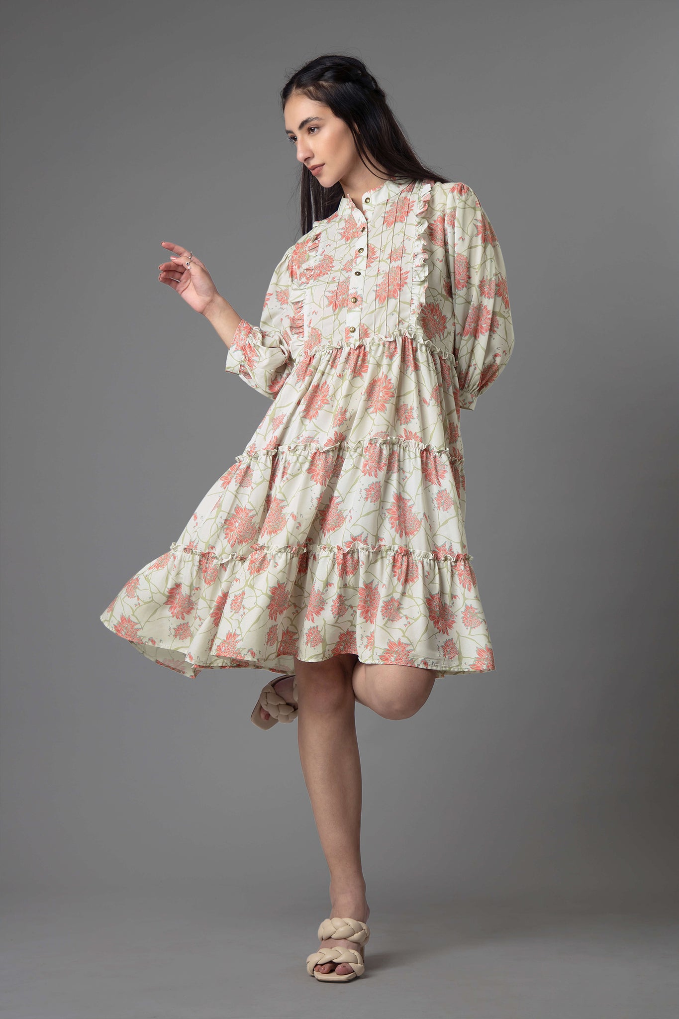 Floral Ruffle Detailed Tiered Midi Dress