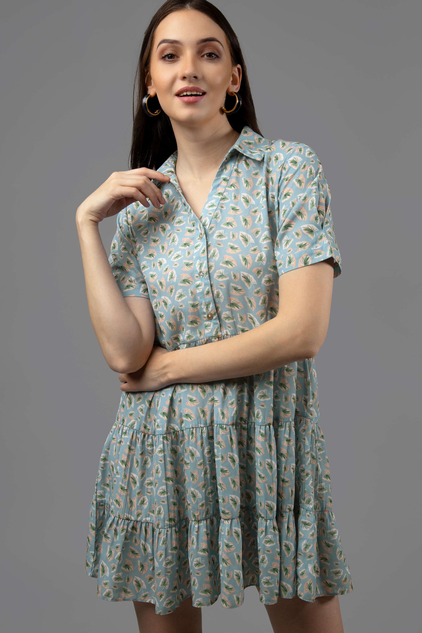 Floral Collar Midi Shirt Dress