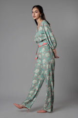 Floral Front Knot Jumpsuit With Tie Belt