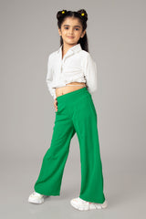 White Collar Neck Flared Bottom Co-ord Set For Girls