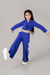 Royal Blue Collar Neck Flared Bottom Co-ord Set For Girls