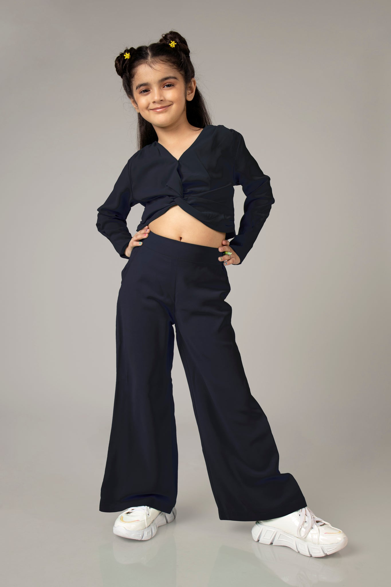 Navy Blue Twisted Knot Co-ord Set For Girls