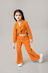 Orange Collar Neck Flared Bottom Co-ord Set For Girls