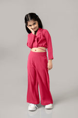 Hot Pink Collar Neck Flared Bottom Co-ord Set For Girls