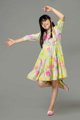 Tie & Dye Puff Sleeve Ruffle Shirt Dress For Girls