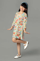 Floral Tie Wrap V Neck Midi Dress For Girls