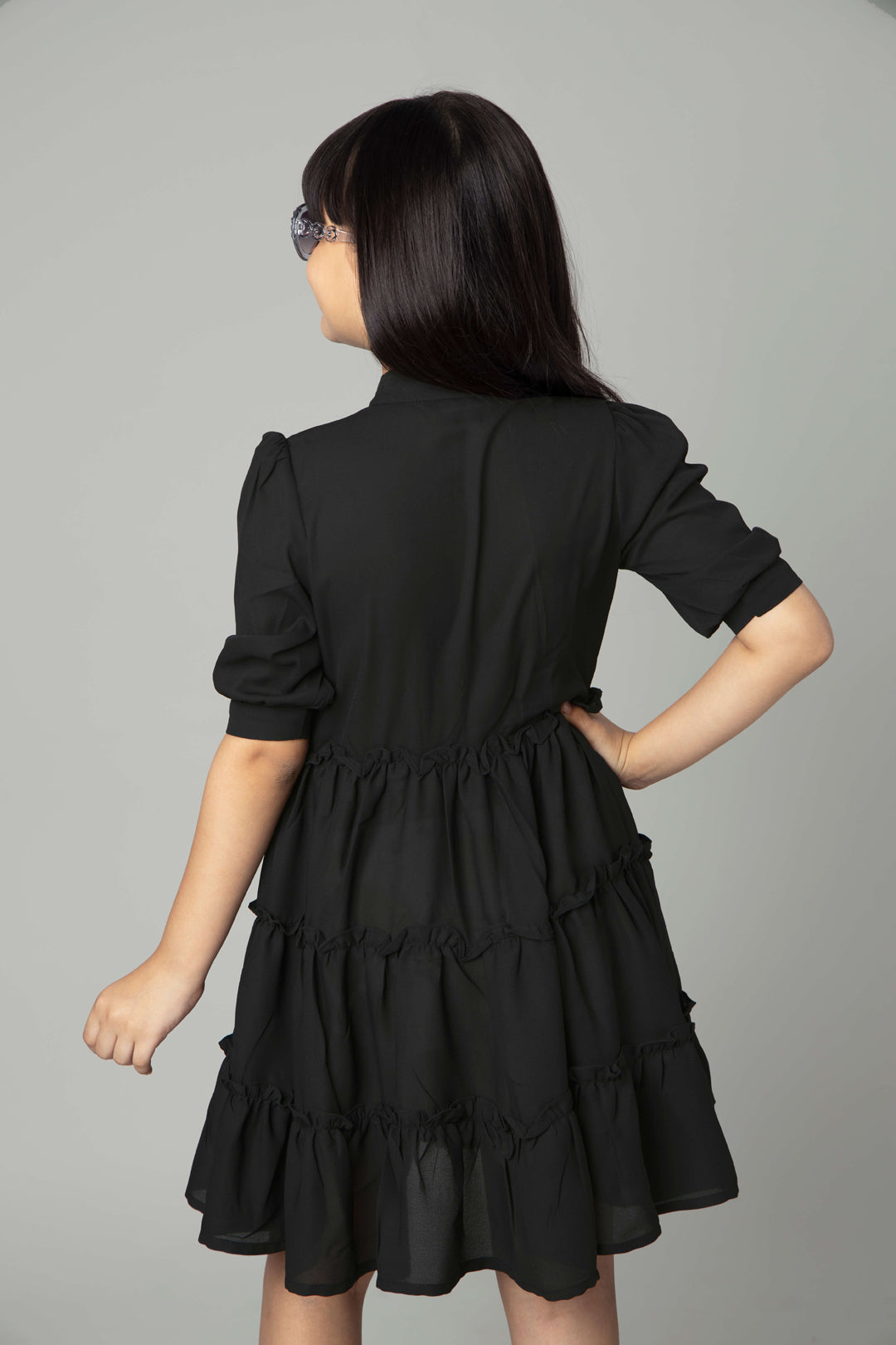 Black Puff Sleeve Ruffle Shirt Dress For Girls