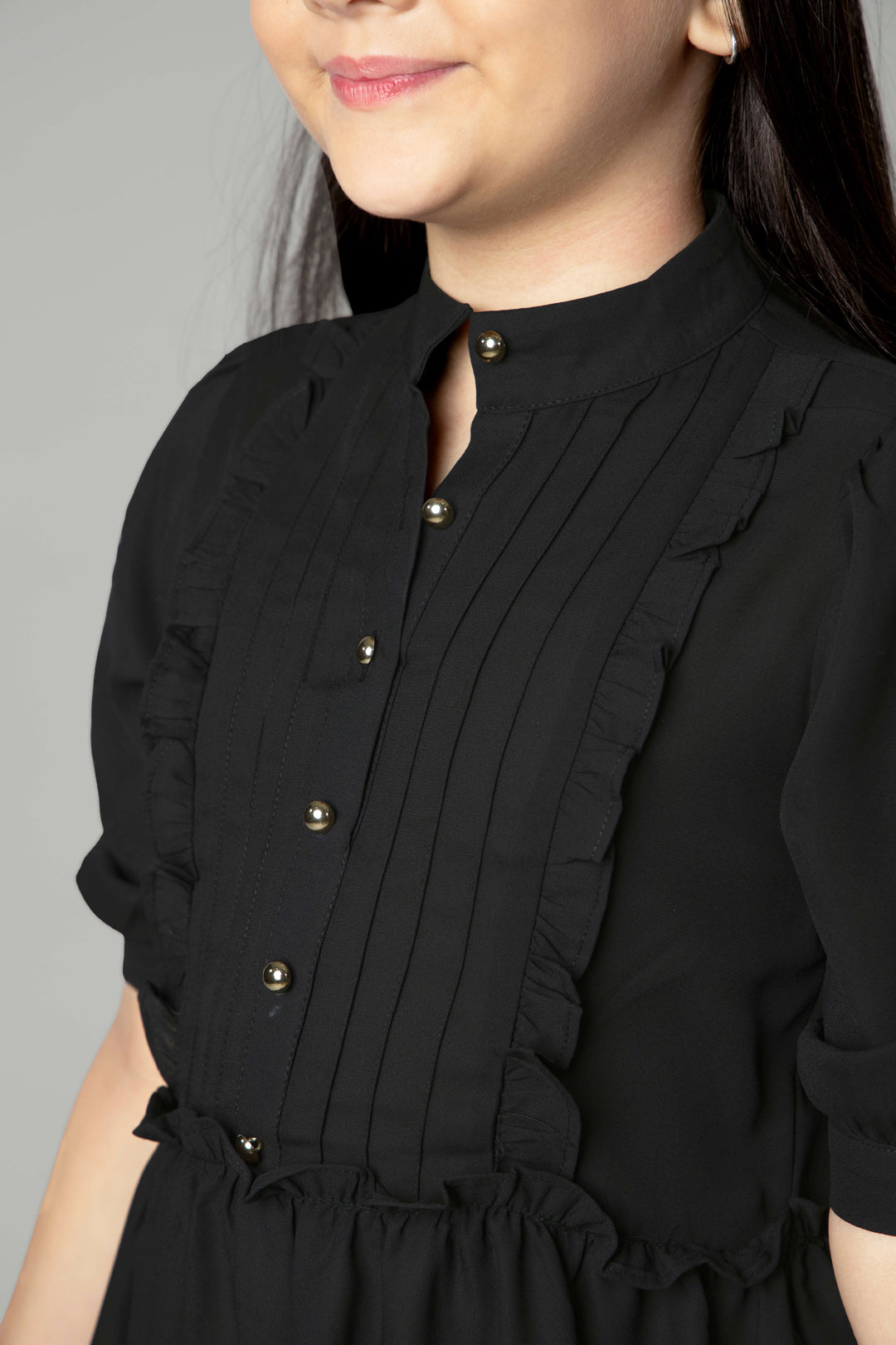 Black Puff Sleeve Ruffle Shirt Dress For Girls