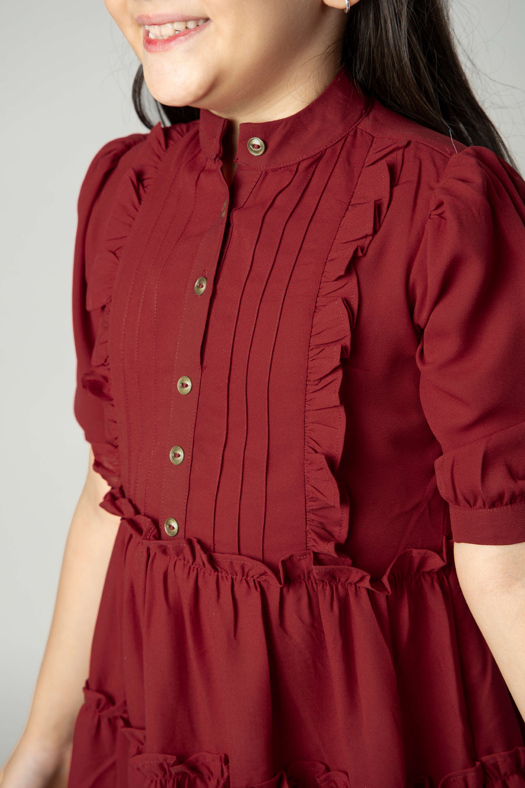 Rose Red Puff Sleeve Ruffle Shirt Dress For Girls