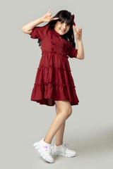 Rose Red Puff Sleeve Ruffle Shirt Dress For Girls