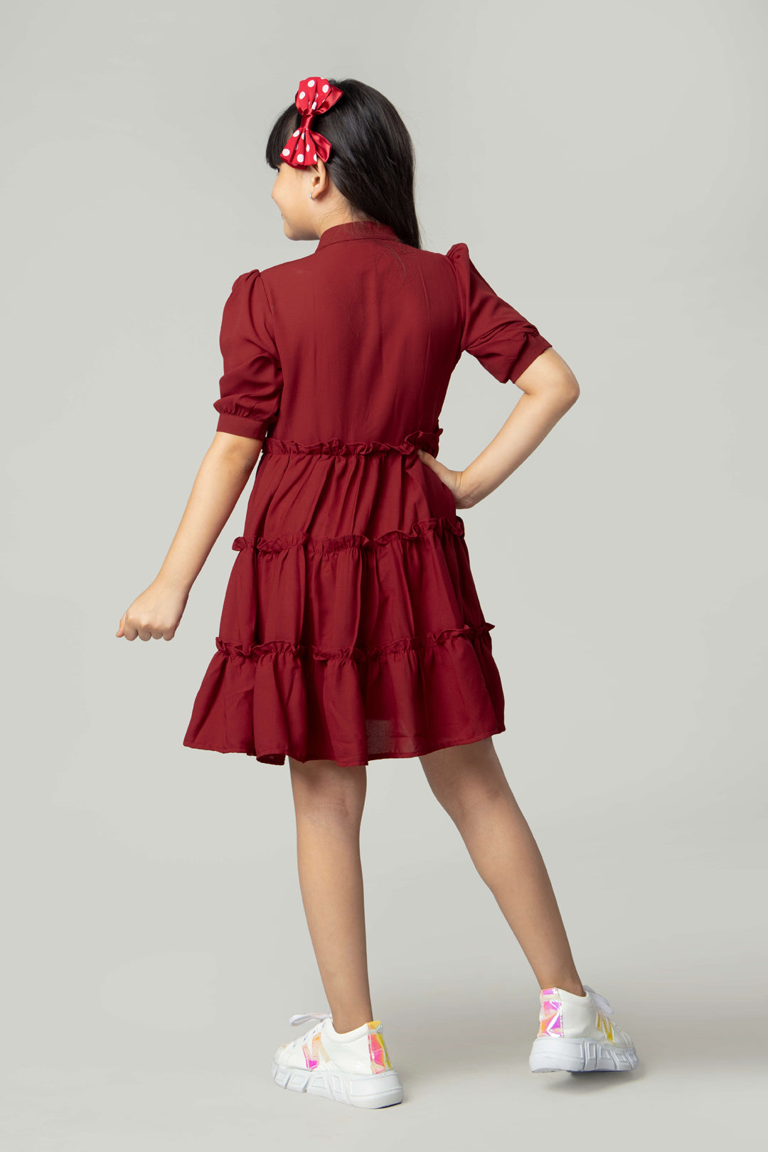 Rose Red Puff Sleeve Ruffle Shirt Dress For Girls