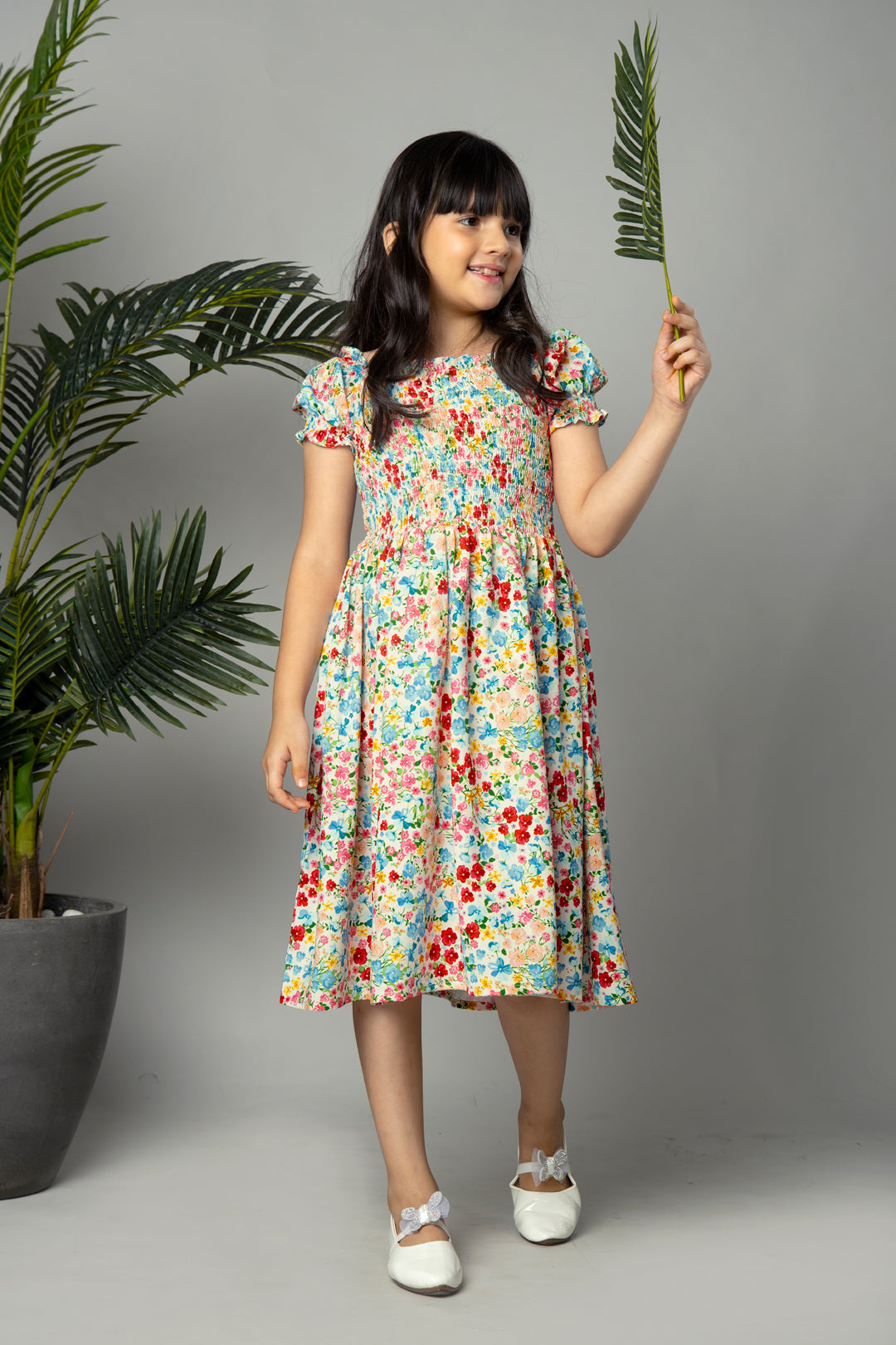 Floral Puff Sleeve Midi Dress For Girls