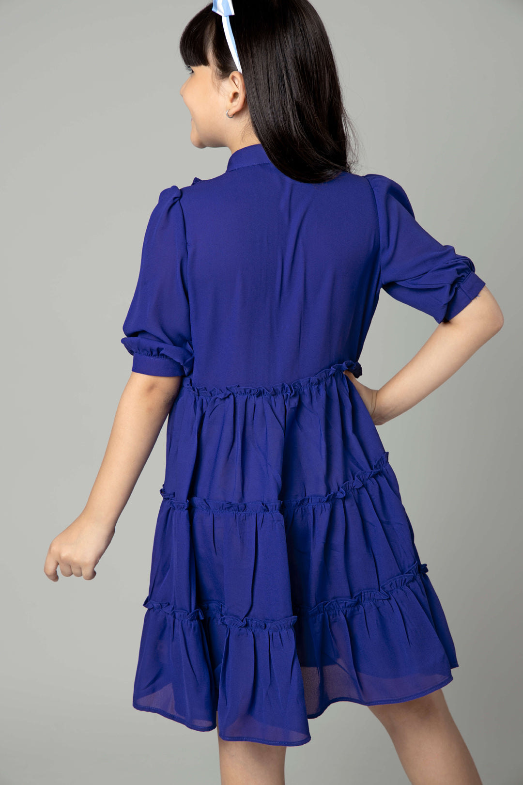 Royal Blue Puff Sleeve Ruffle Shirt Dress For Girls