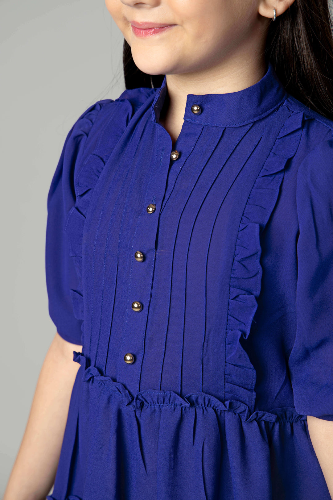 Royal Blue Puff Sleeve Ruffle Shirt Dress For Girls –