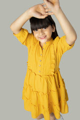 Yellow Puff Sleeve Ruffle Shirt Dress For Girls