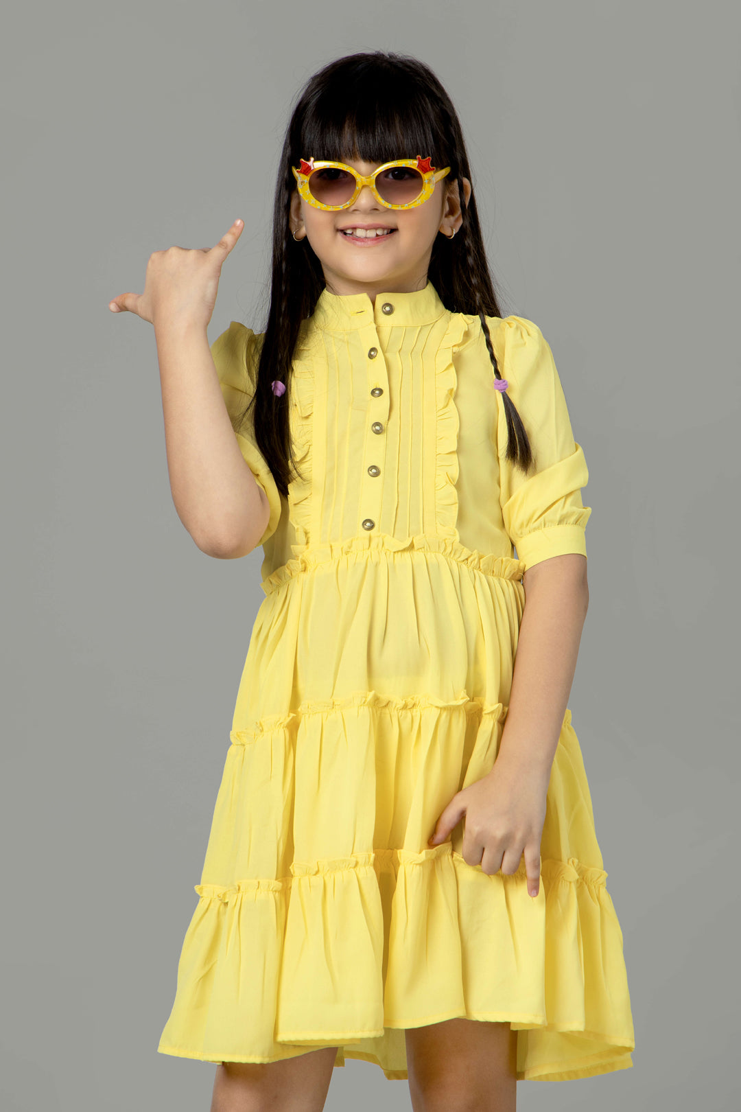 Crayola Yellow Puff Sleeve Ruffle Shirt Dress For Girls