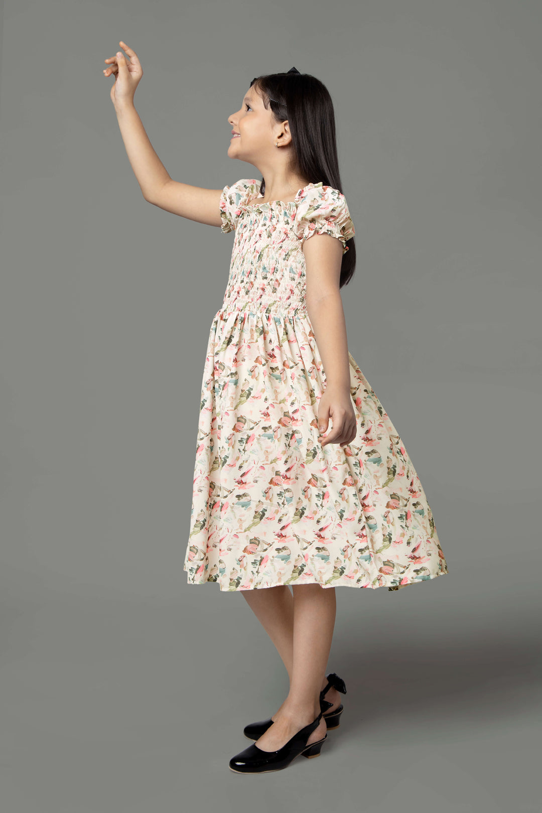 Puff Sleeve Floral Smocked Maxi Dress For Girls