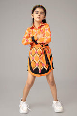 Orange Curved Hem Shirt Dress For Girls
