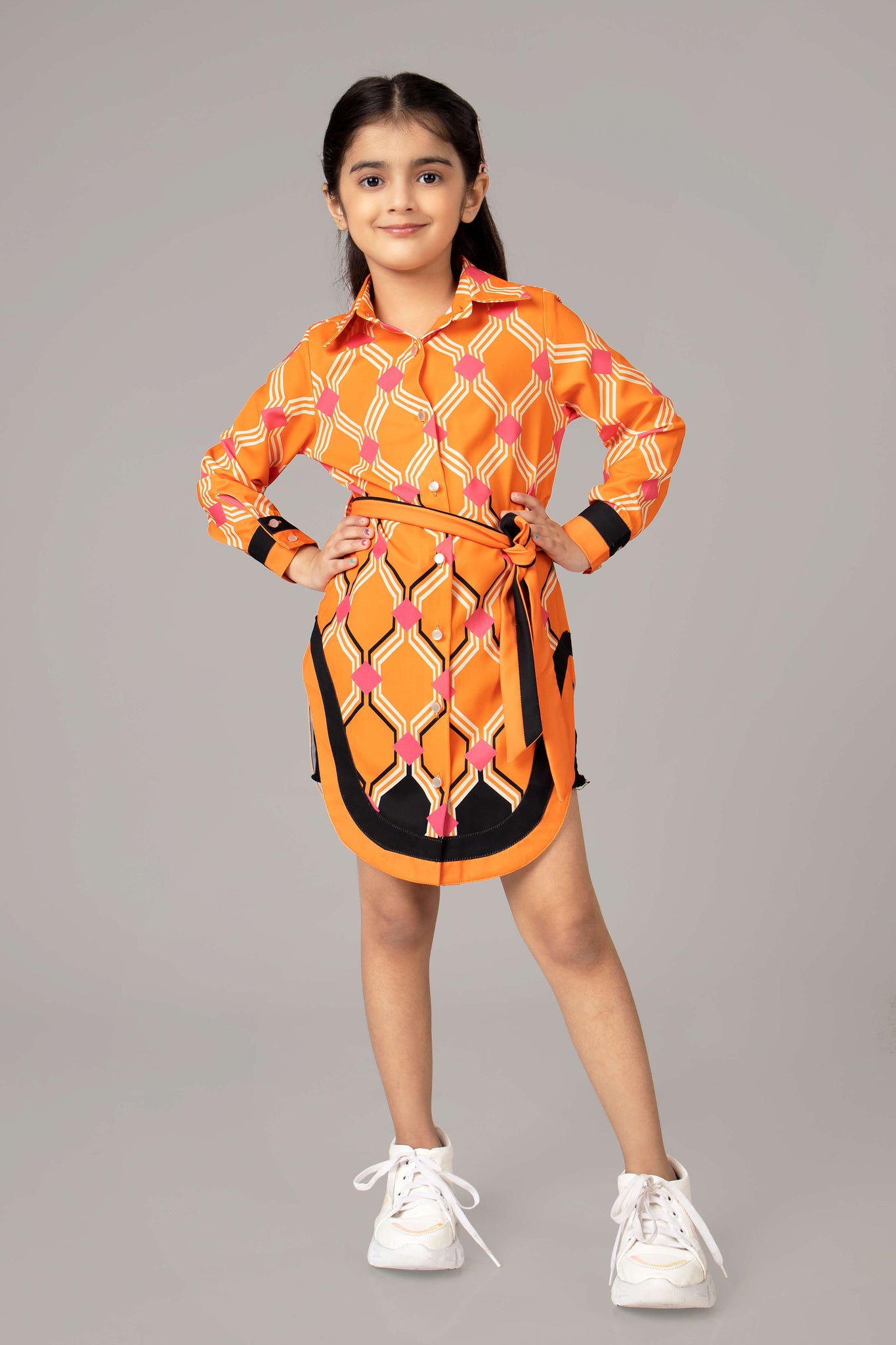Orange Curved Hem Shirt Dress For Girls