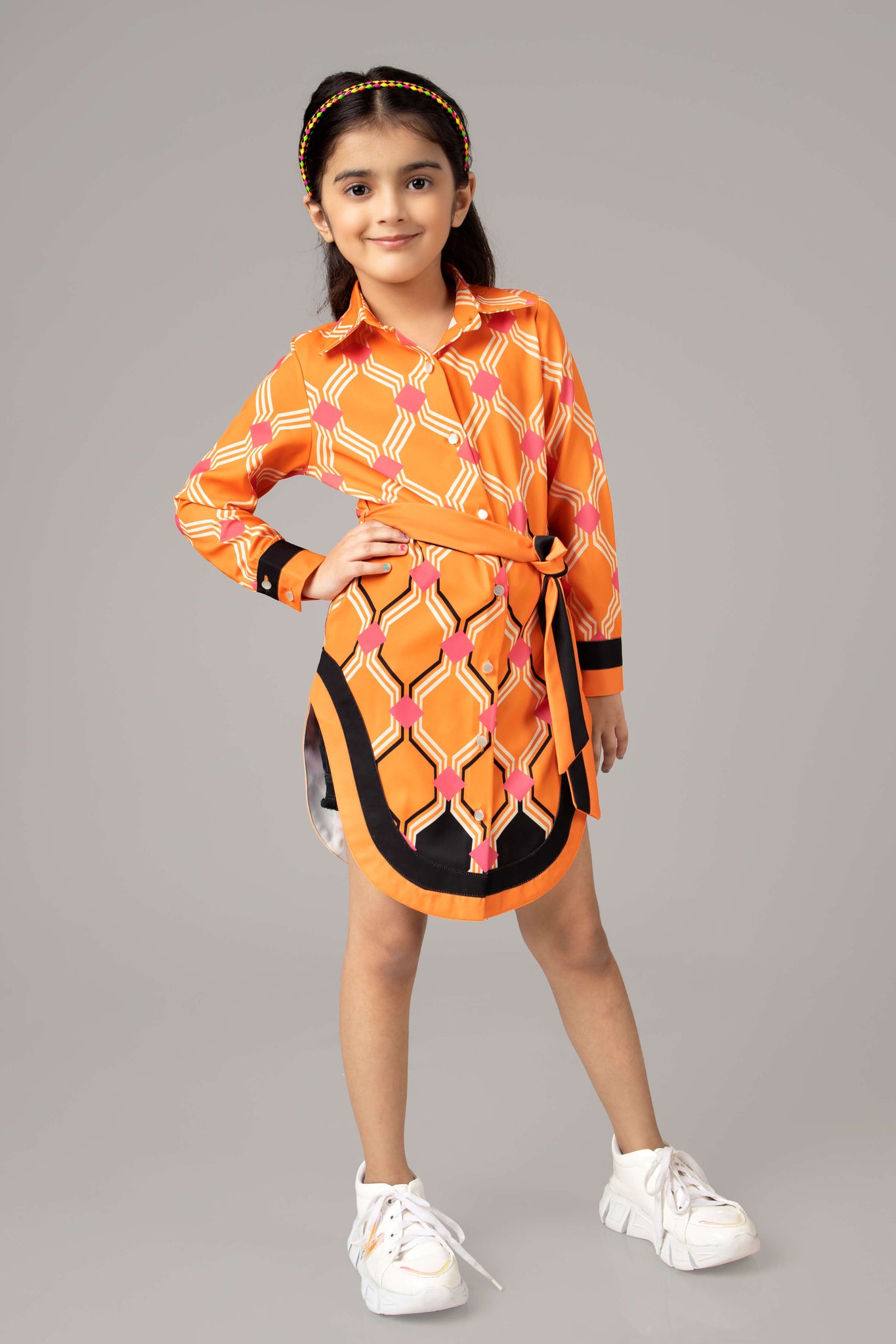 Orange Curved Hem Shirt Dress For Girls