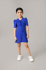Royal Blue String Neckline Puff Sleeve Midi Dress For Girls
