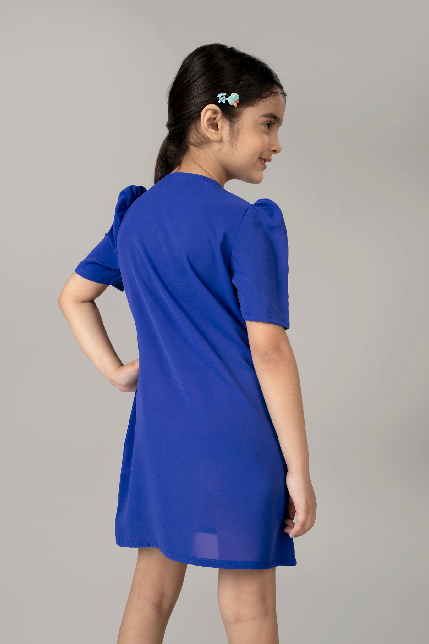 Royal Blue String Neckline Puff Sleeve Midi Dress For Girls