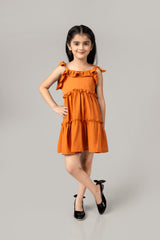 Orange Ruffle Detailed Tiered Midi Dress For Girls