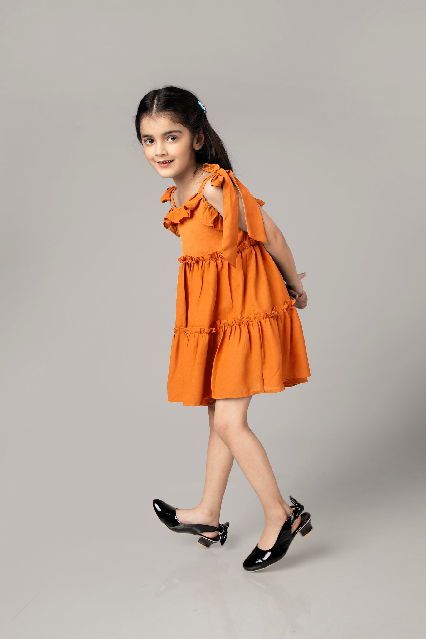 Orange Ruffle Detailed Tiered Midi Dress For Girls