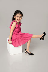 Pink Ruffle Detailed Tiered Midi Dress For Girls